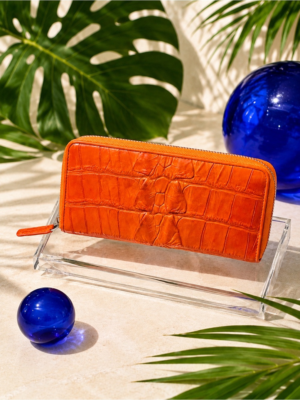 Genuine Crocodile Leather Zip Around Wallet – Vibrant Orange Exotic Long Wallet